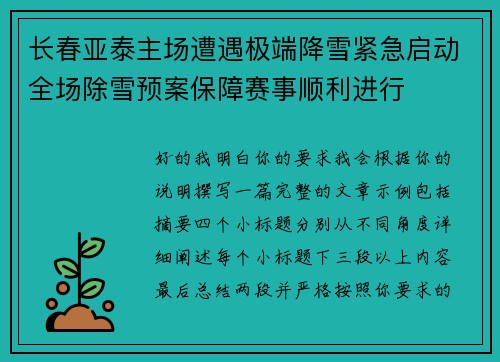 长春亚泰主场遭遇极端降雪紧急启动全场除雪预案保障赛事顺利进行 长春亚泰主场遭遇极端降雪紧急启动全场除雪预案保障赛事顺利进行